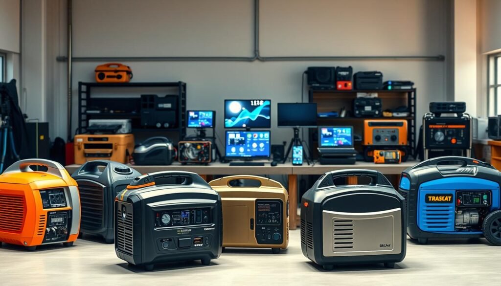 A detailed comparison of popular portable electric generator brands, showcased in a realistic, studio-lit photo shoot. The foreground features a side-by-side display of various generator models, their distinctive designs, and technical specifications highlighted. The middle ground captures the generators in use, powering a variety of electronic devices to demonstrate their capabilities. The background subtly suggests a professional workshop or showroom setting, with clean, neutral tones that allow the products to take center stage. Lighting is carefully arranged to accentuate the generators' sleek forms and metallic finishes, creating a sense of quality and high-end appeal. The overall composition and mood convey the power, portability, and brand diversity within the portable solar generator market.