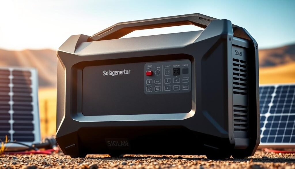 A sleek, modern solar generator with a clean, minimalist design stands prominently in the foreground. Its matte black chassis and smooth, angular curves evoke a sense of efficiency and durability. Sunlight streams in from the side, casting warm, natural lighting across the device and creating a sense of power and potential. In the middle ground, various solar panels and connectors are visible, highlighting the generator's versatility and ability to harness renewable energy. The background is a softly blurred, natural landscape, suggesting the generator's portability and suitability for outdoor use. The overall scene conveys a sense of reliable, high-performance solar power in a compact, easy-to-use package.