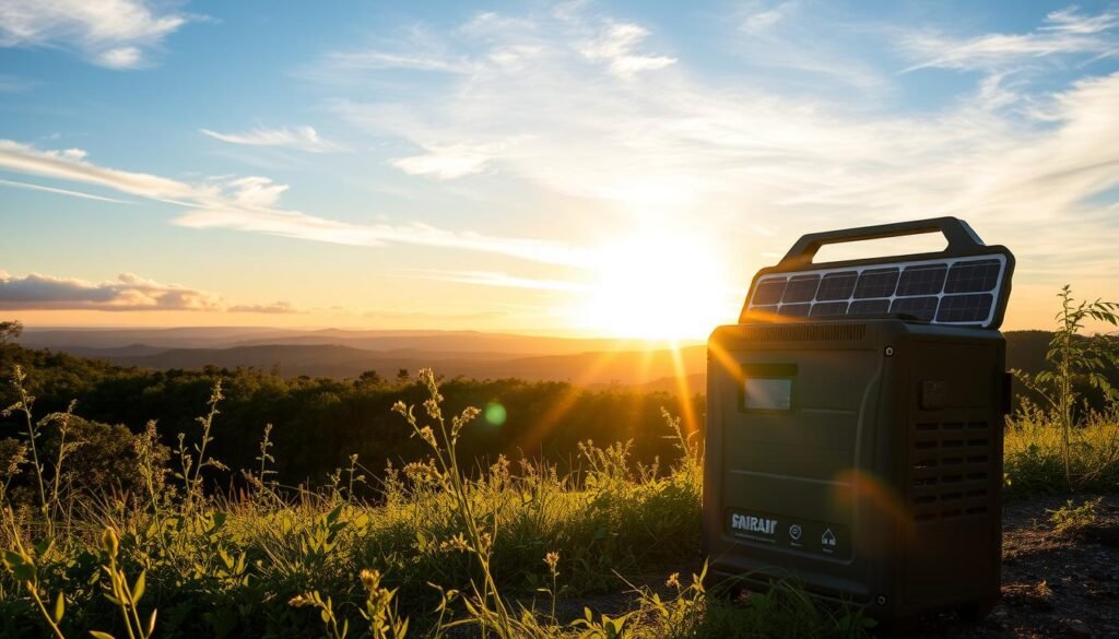 Stunning solar generator with glowing renewable energy elements in the foreground, illuminating a tranquil natural landscape in the background. Bright sunlight filters through wispy clouds, casting warm shadows and highlights across the scene. Sleek, portable solar panels stand tall, harnessing the power of the sun with efficient modern technology. Lush greenery and a serene horizon create a serene, environmentally-conscious atmosphere, showcasing the clean, sustainable advantages of portable solar generators.